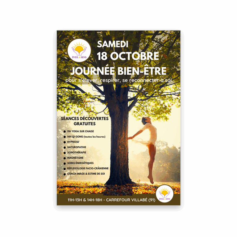 Affiche illustrant la Journée Bien-Être organisée par l’association Éveil & Sens au Carrefour Villabé, illustrant une femme en suspension dans une lumière automnale, symbole d’énergie vitale et de reconnexion à soi.