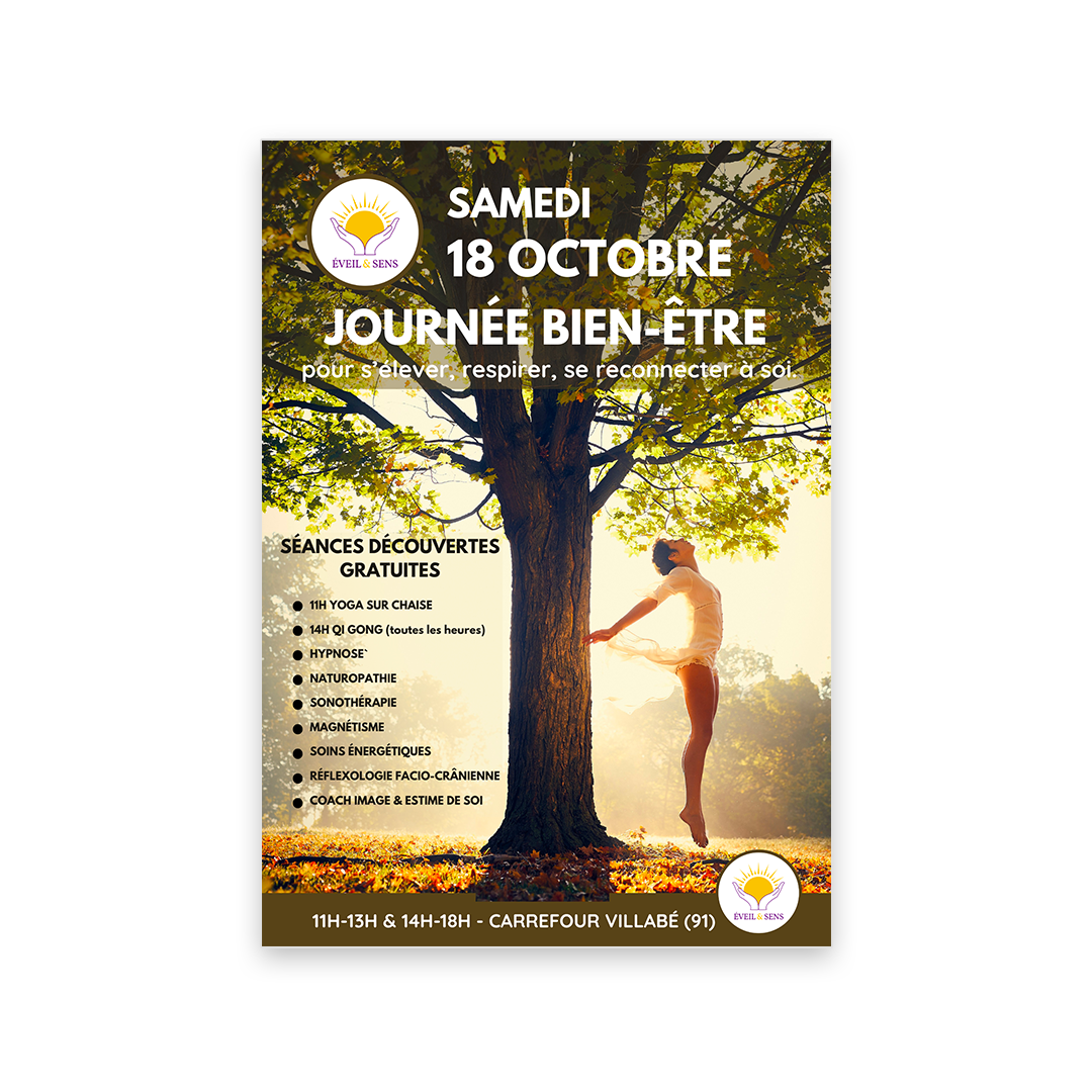 Affiche illustrant la Journée Bien-Être organisée par l’association Éveil & Sens au Carrefour Villabé, illustrant une femme en suspension dans une lumière automnale, symbole d’énergie vitale et de reconnexion à soi.