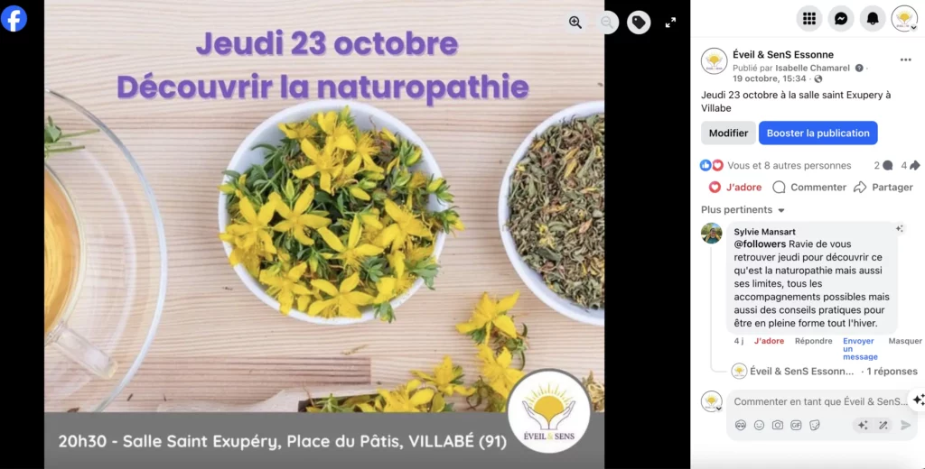 Visuel de l’atelier “Découvrir la naturopathie” organisé par l’association Éveil & Sens à Villabé, présentant des plantes médicinales et des bols d’infusions naturelles.