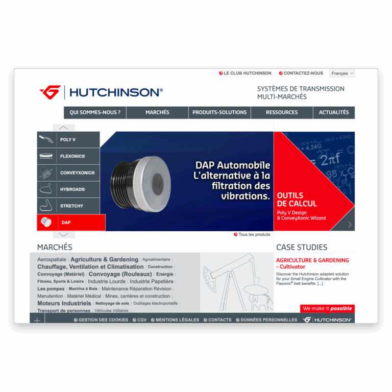 Page d’accueil du site HutchinsonTransmission.com illustrant l’animation éditoriale et la mise à jour de contenus techniques et institutionnels.