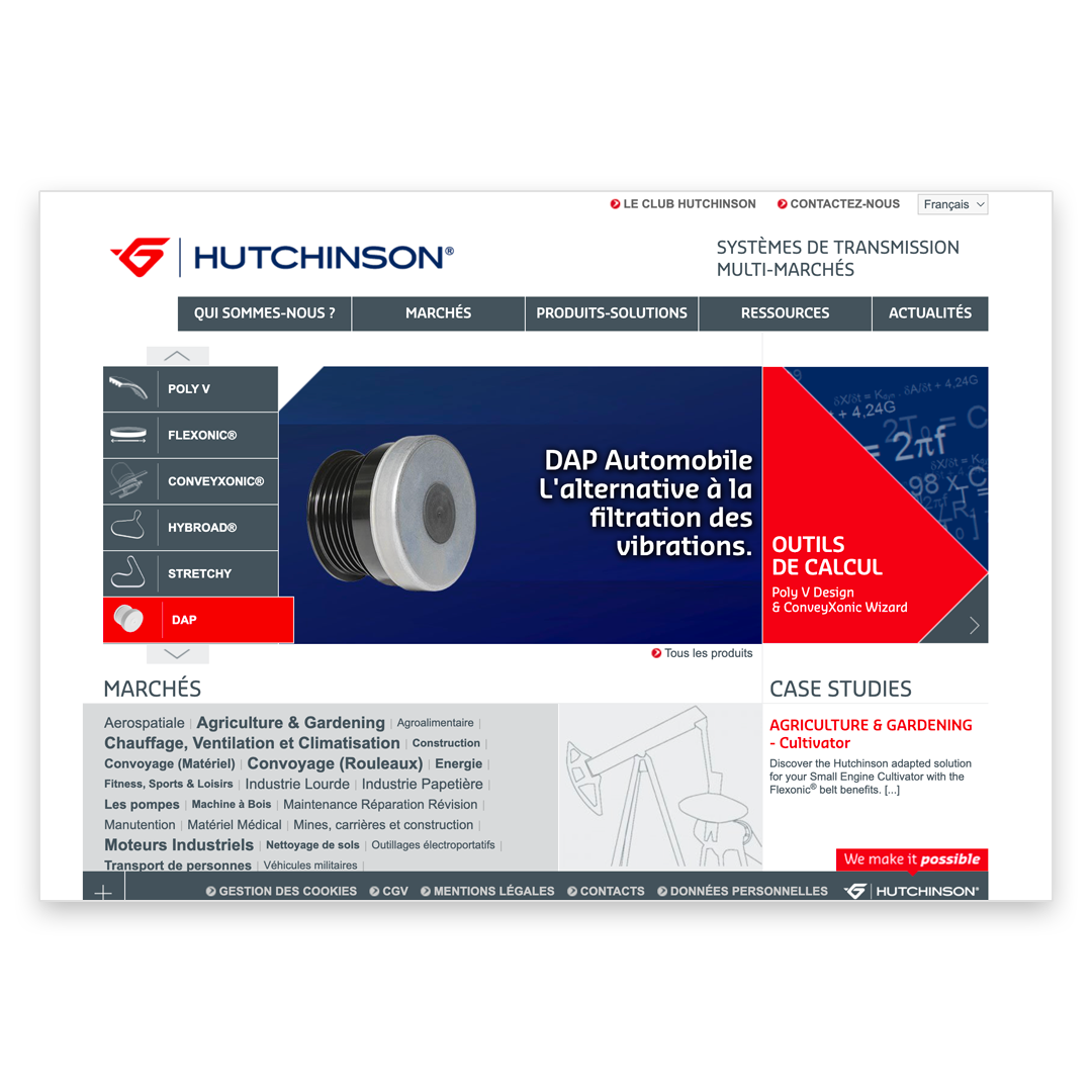 Page d’accueil du site HutchinsonTransmission.com illustrant l’animation éditoriale et la mise à jour de contenus techniques et institutionnels.