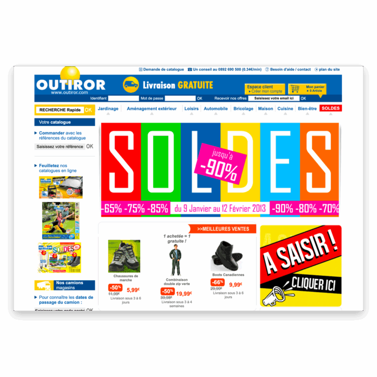 Page d’accueil du site e-commerce Outiror.com, enseigne de distribution grand public T&S, illustrant l’animation commerciale et les soldes en ligne.