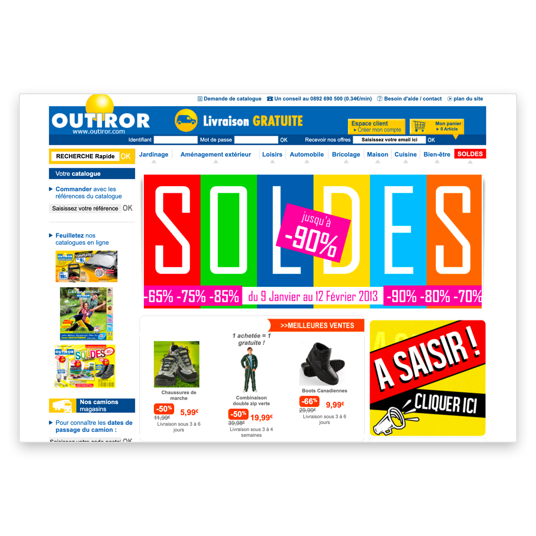Page d’accueil du site e-commerce Outiror.com, enseigne de distribution grand public T&S, illustrant l’animation commerciale et les soldes en ligne.