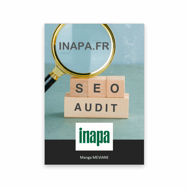 Loupe sur le mot Inapa.fr et lettres formant "Audit SEO", symbolisant l’analyse du site avant sa refonte en Ovol.fr.
