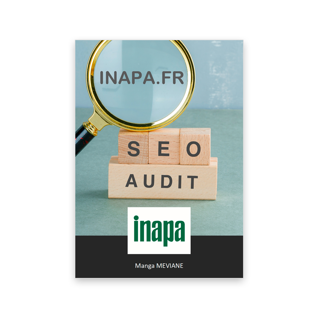 Loupe sur le mot Inapa.fr et lettres formant "Audit SEO", symbolisant l’analyse du site avant sa refonte en Ovol.fr.