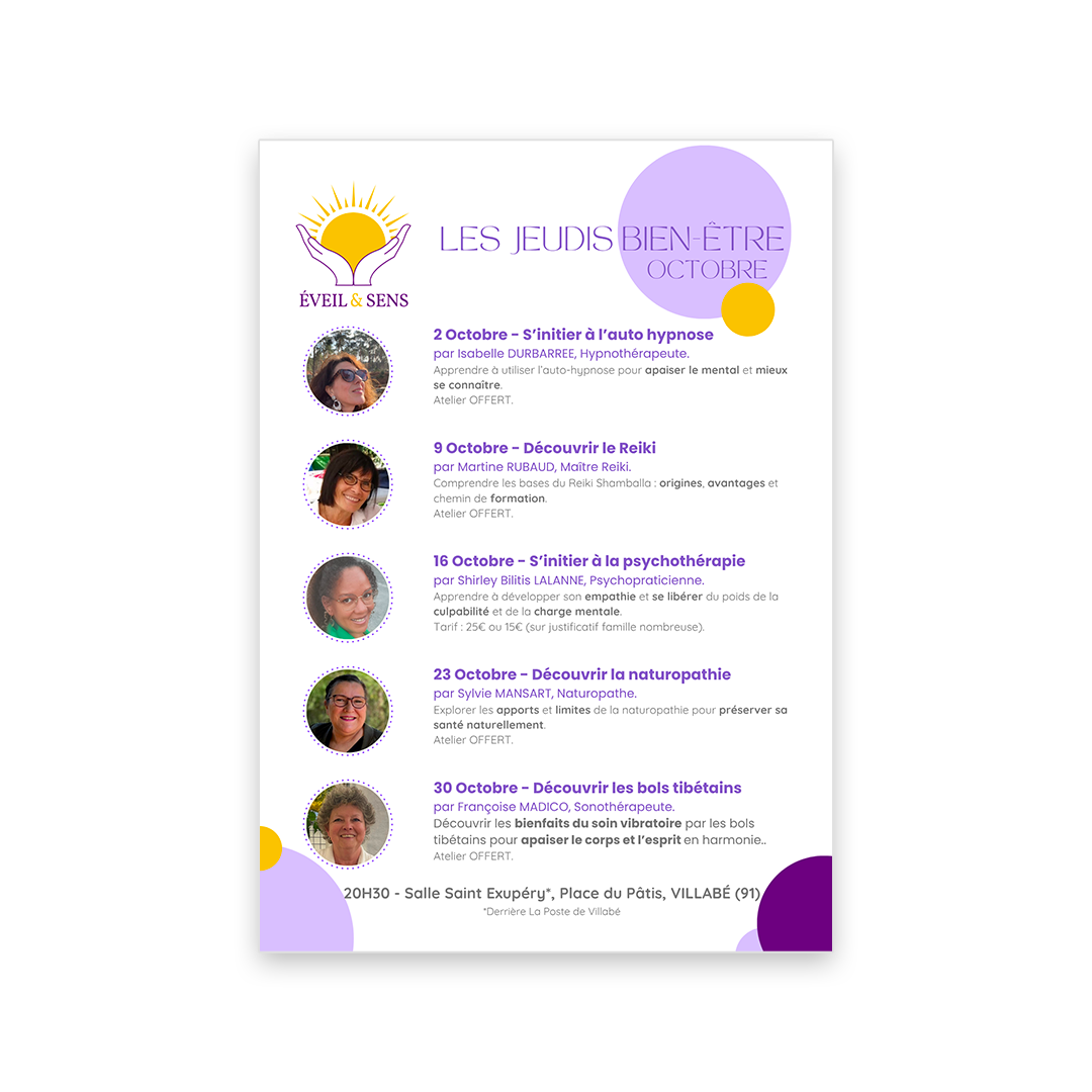 Affiche du programme des “Jeudis Bien-Être” organisés par l’association Éveil & Sens à Villabé (Essonne), présentant quatre ateliers d’octobre animés par des praticiens : auto-hypnose, Reiki, psychothérapie et naturopathie.