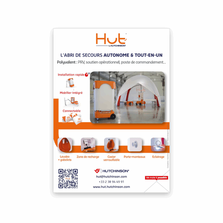 Publicité en quatrième de couverture du magazine Secours Mag présentant l’abri de secours autonome Hut’ by Hutchinson, un produit innovant et polyvalent destiné aux opérations de secours et d’urgence.