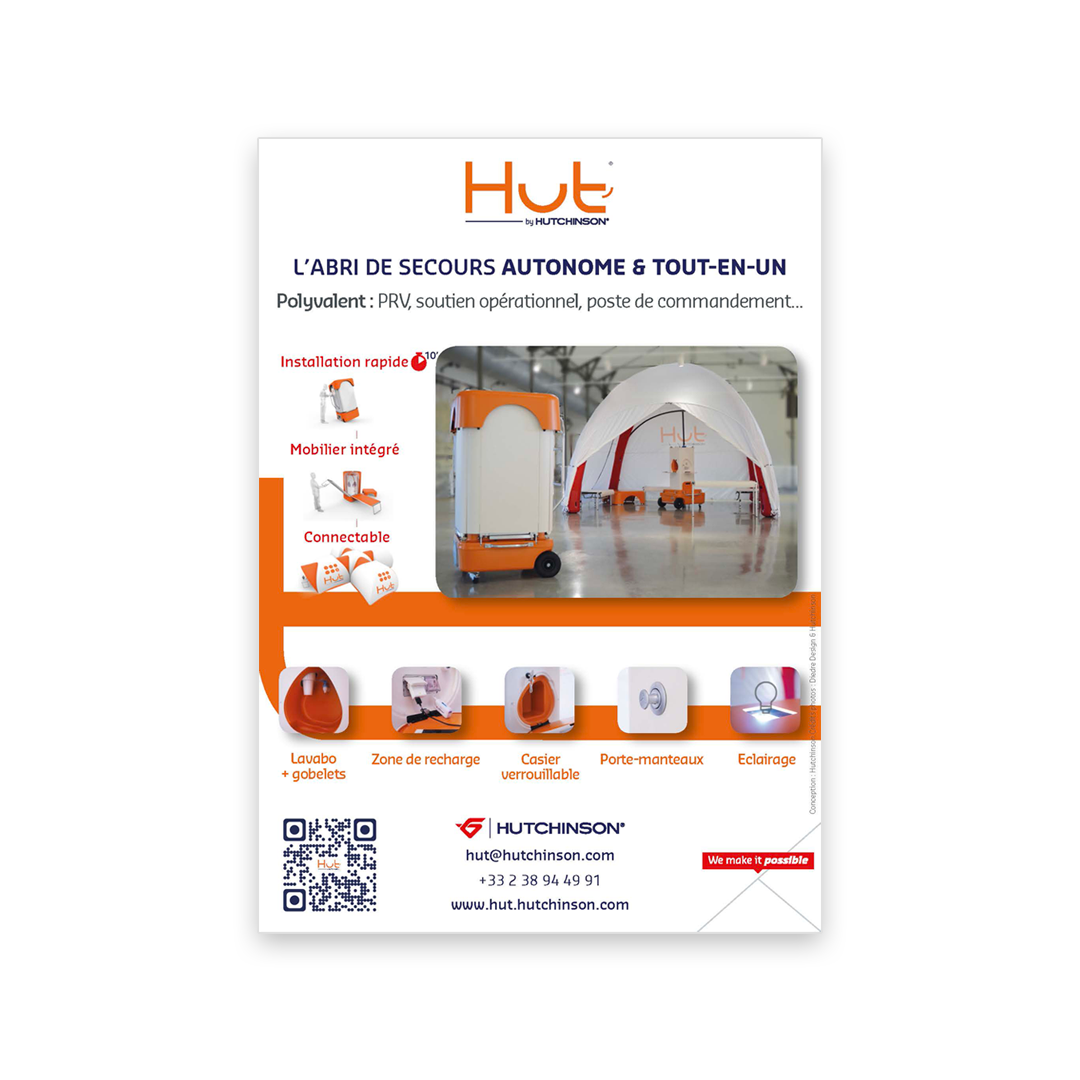 Publicité en quatrième de couverture du magazine Secours Mag présentant l’abri de secours autonome Hut’ by Hutchinson, un produit innovant et polyvalent destiné aux opérations de secours et d’urgence.