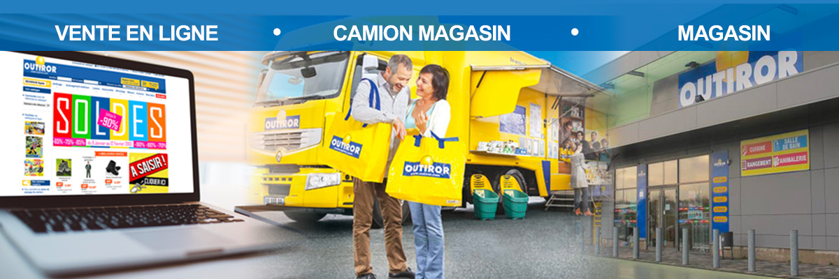 Bandeau illustrant la stratégie e-commerce omnicanale B2C menée pour Outiror : vente en ligne, camions-magasin et magasins physiques.
