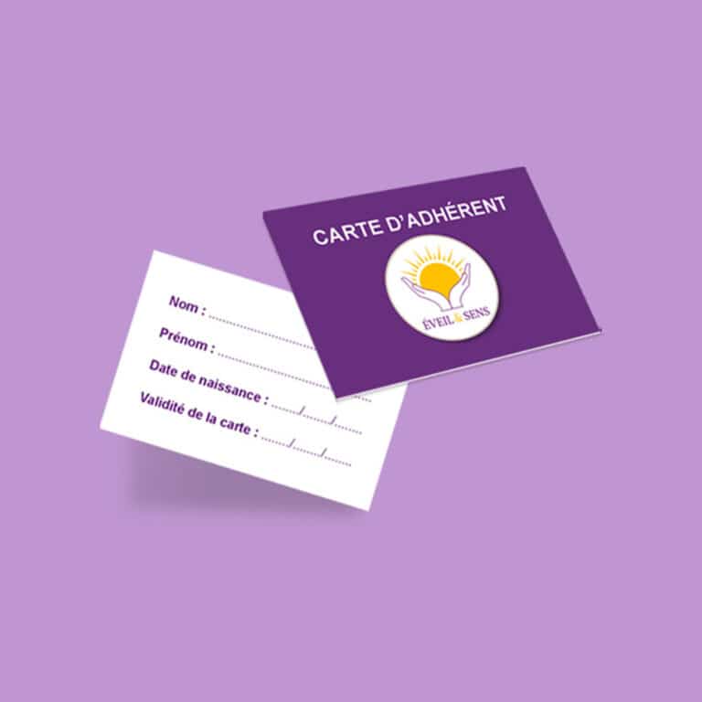 Carte d’adhérent Éveil & Sens – modèle recto-verso violet avec logo et champs d’informations personnelles